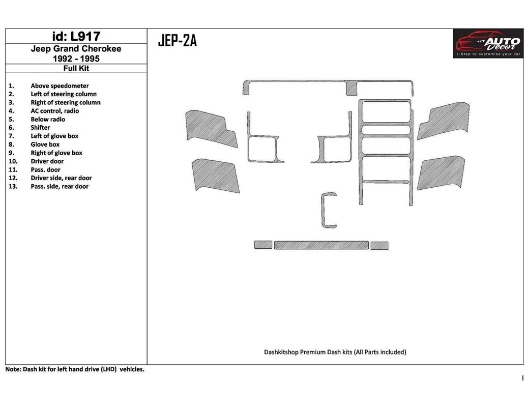 Jeep Grand Cherokee 1992-1995 Full Set, 13 Parts set Interior BD Dash Trim Kit - 1 - Interior Dash Trim Kit