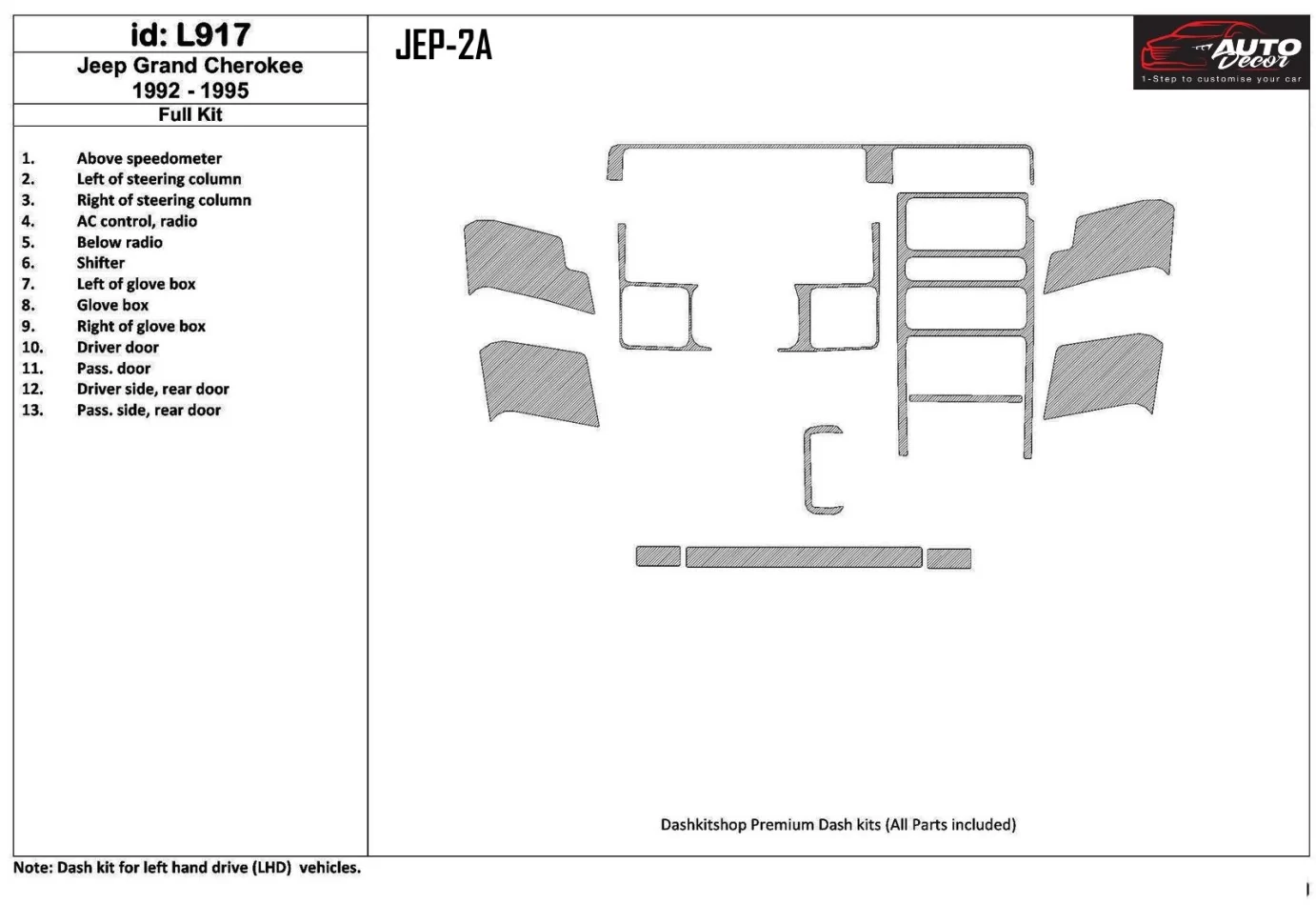 Jeep Grand Cherokee 1992-1995 Full Set, 13 Parts set Interior BD Dash Trim Kit - 1 - Interior Dash Trim Kit