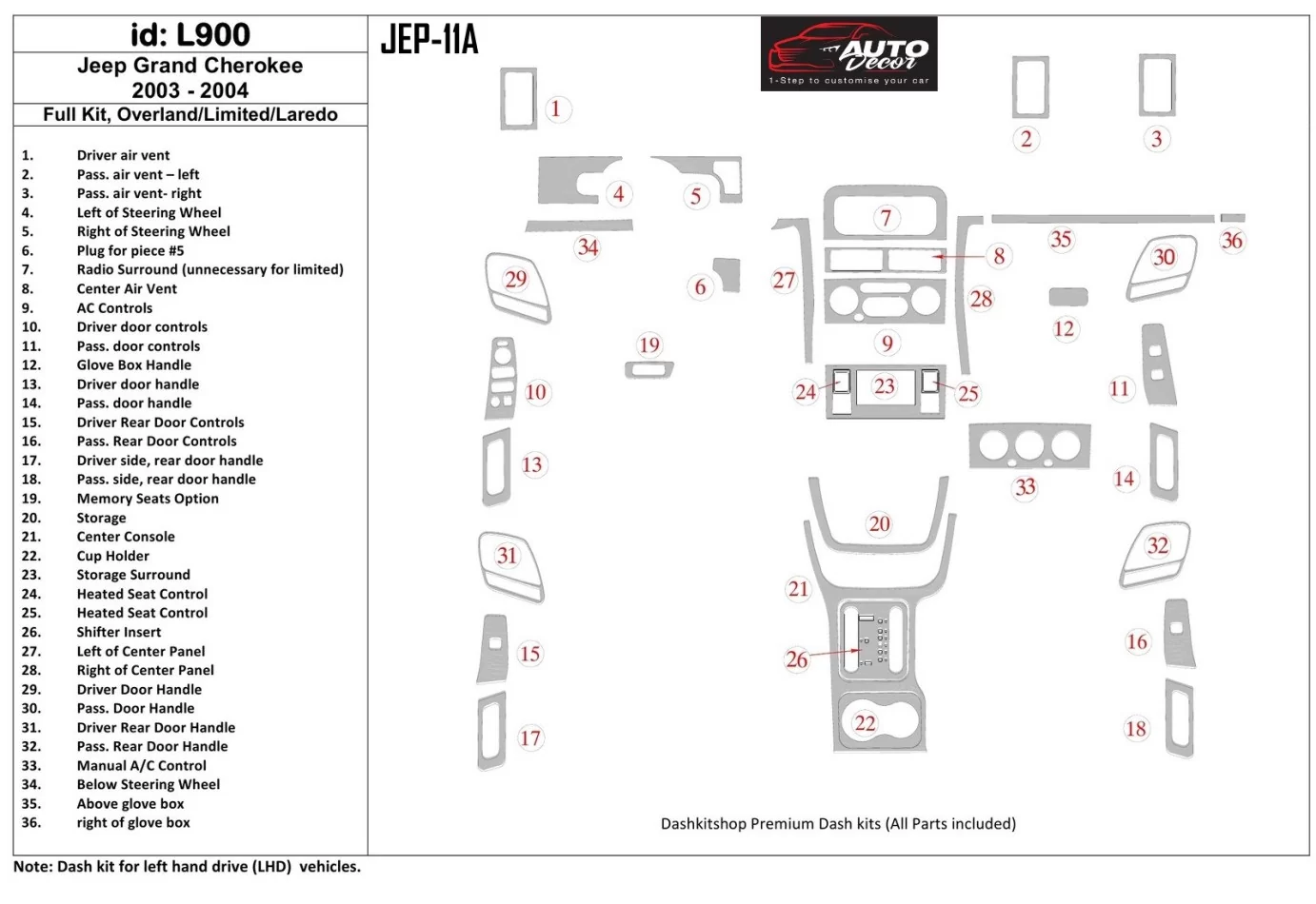 Jeep Grand Cherokee 2003-2004 Full Set, Overland, Limited, Laredo Interior BD Dash Trim Kit - 1 - Interior Dash Trim Kit