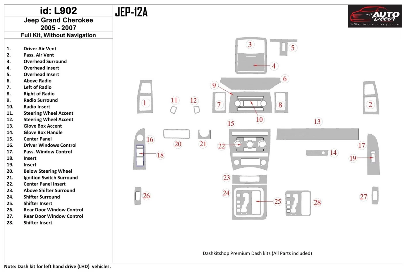 Jeep Grand Cherokee 2005-2007 Full Set, Without NAVI Interior BD Dash Trim Kit - 1 - Interior Dash Trim Kit