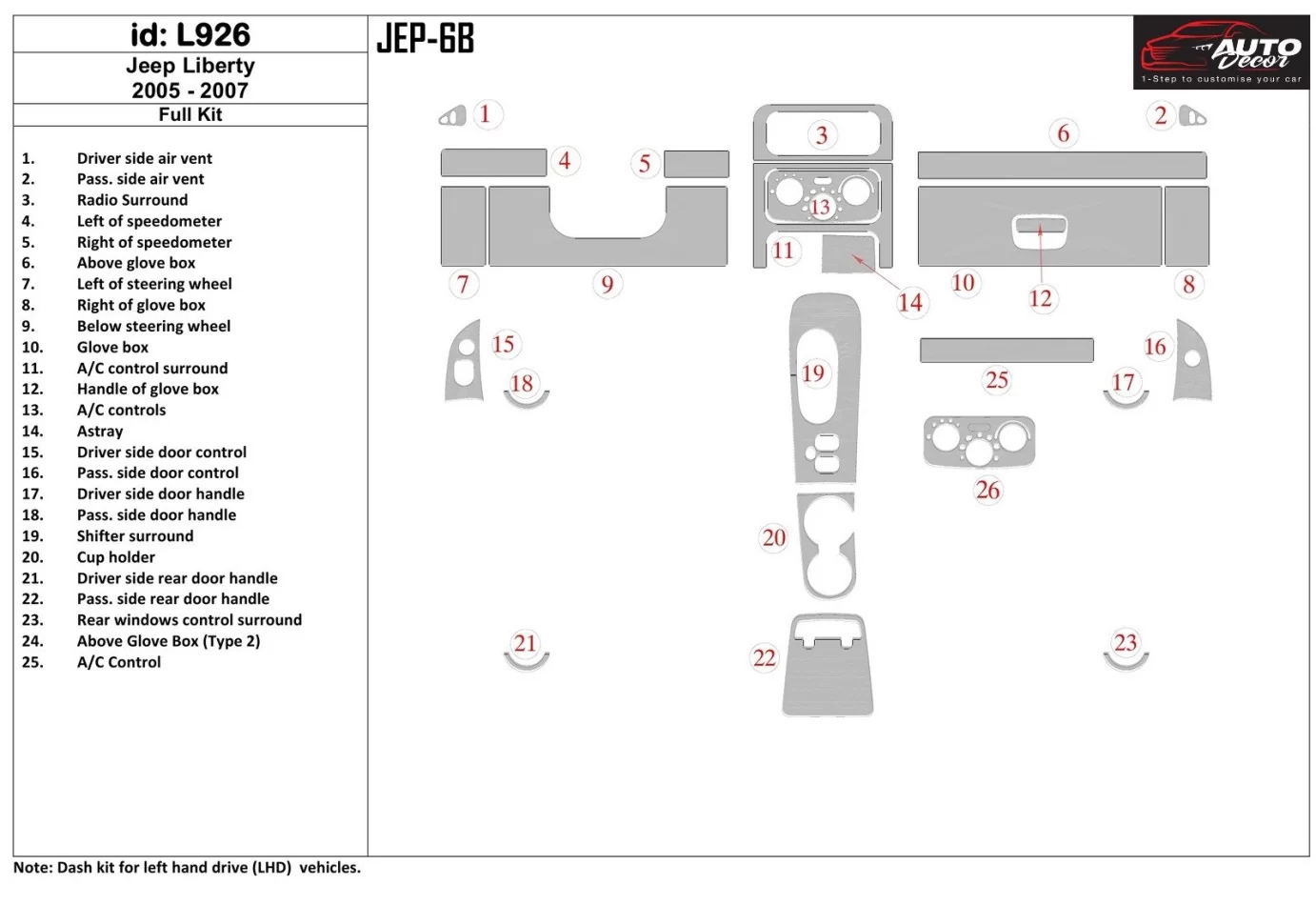 Jeep Liberty 2005-2007 Full Set Interior BD Dash Trim Kit - 1 - Interior Dash Trim Kit