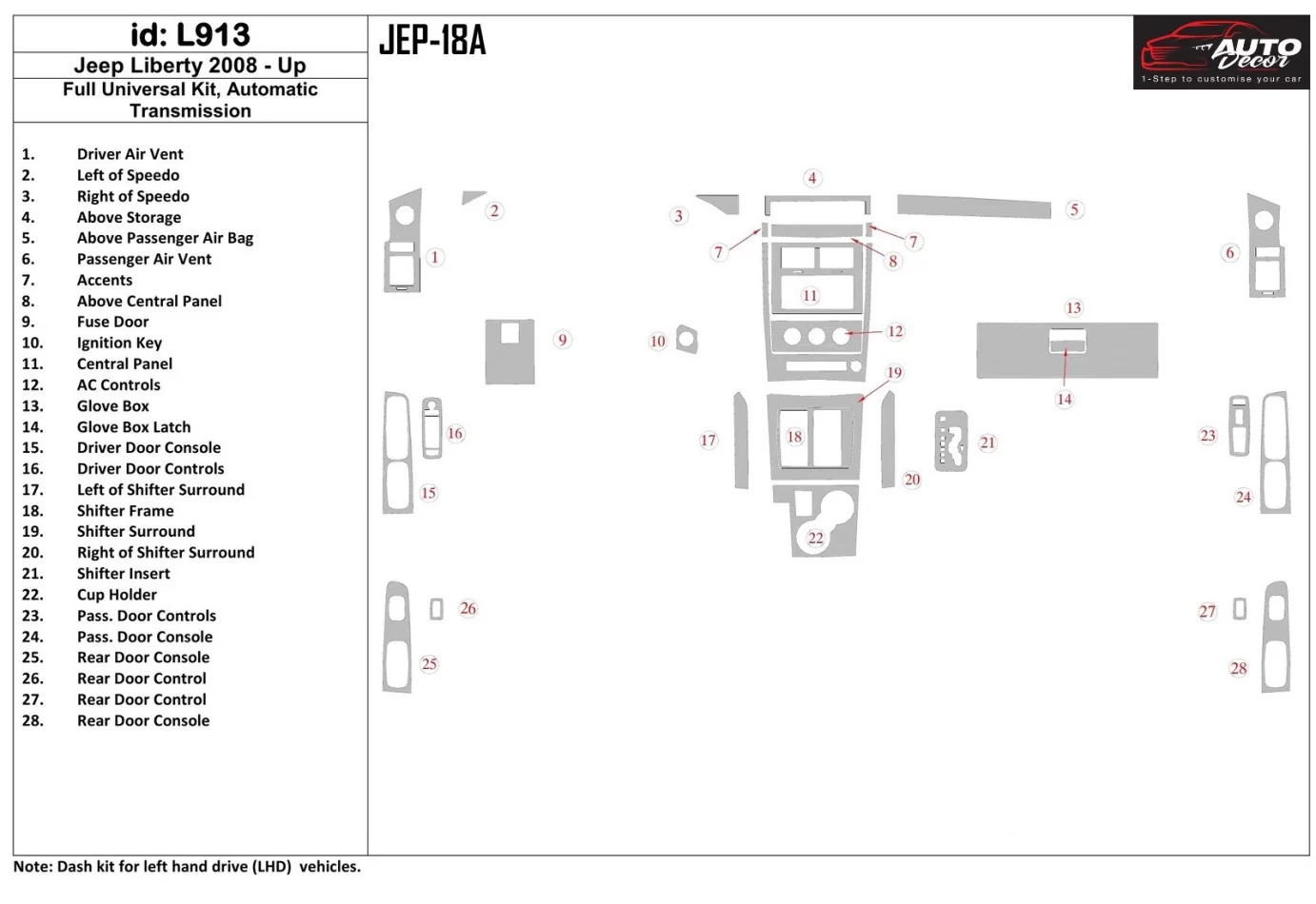 Jeep Liberty 2008-UP Full Universal Set Interior BD Dash Trim Kit - 1 - Interior Dash Trim Kit