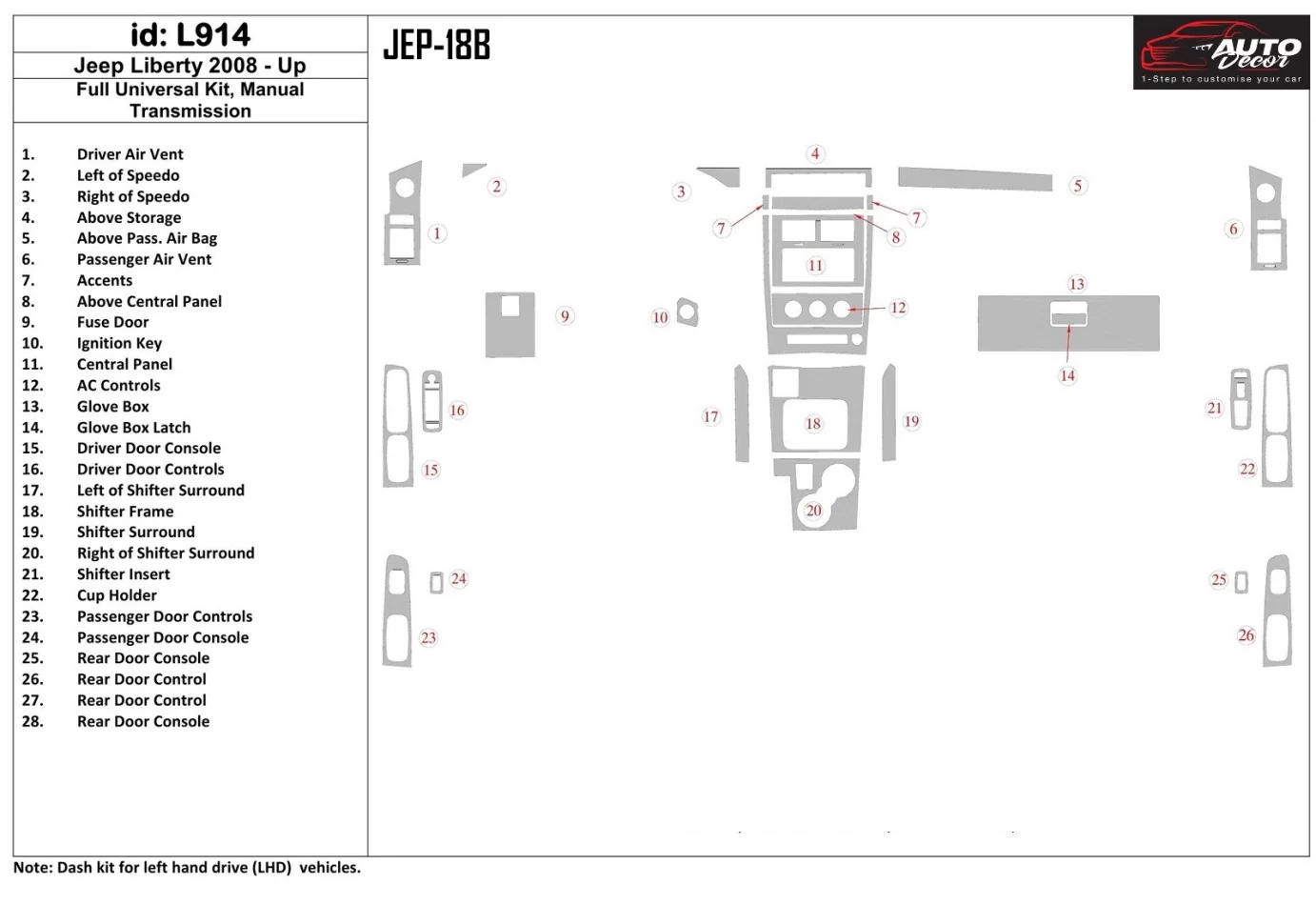 Jeep Liberty 2008-UP Full Universal Set, Manual Gear Box Interior BD Dash Trim Kit - 1 - Interior Dash Trim Kit