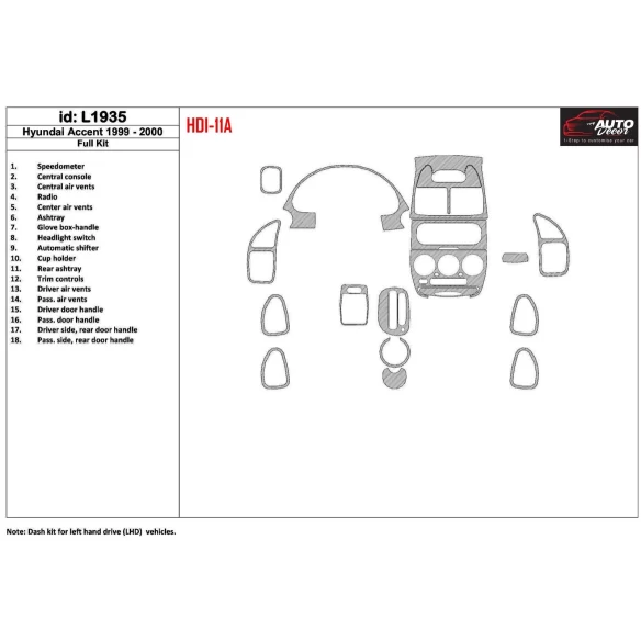 Hyundai Accent 2000-2000 Full Set, 18 Parts set Interior BD Dash Trim Kit