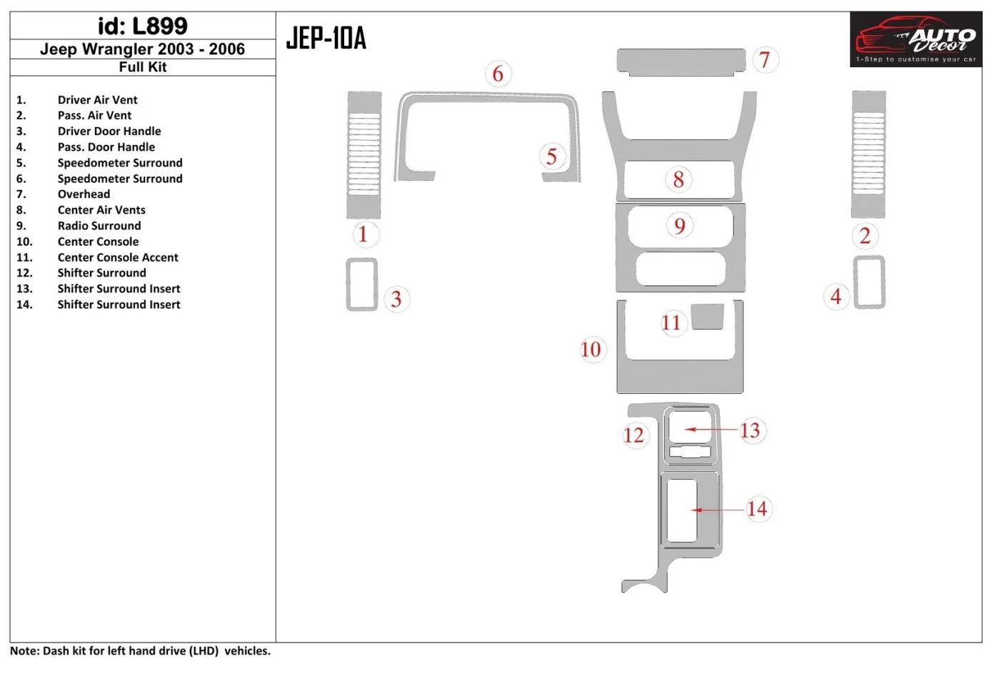 Jeep Wrangler 2003-2006 Full Set Interior BD Dash Trim Kit - 1 - Interior Dash Trim Kit
