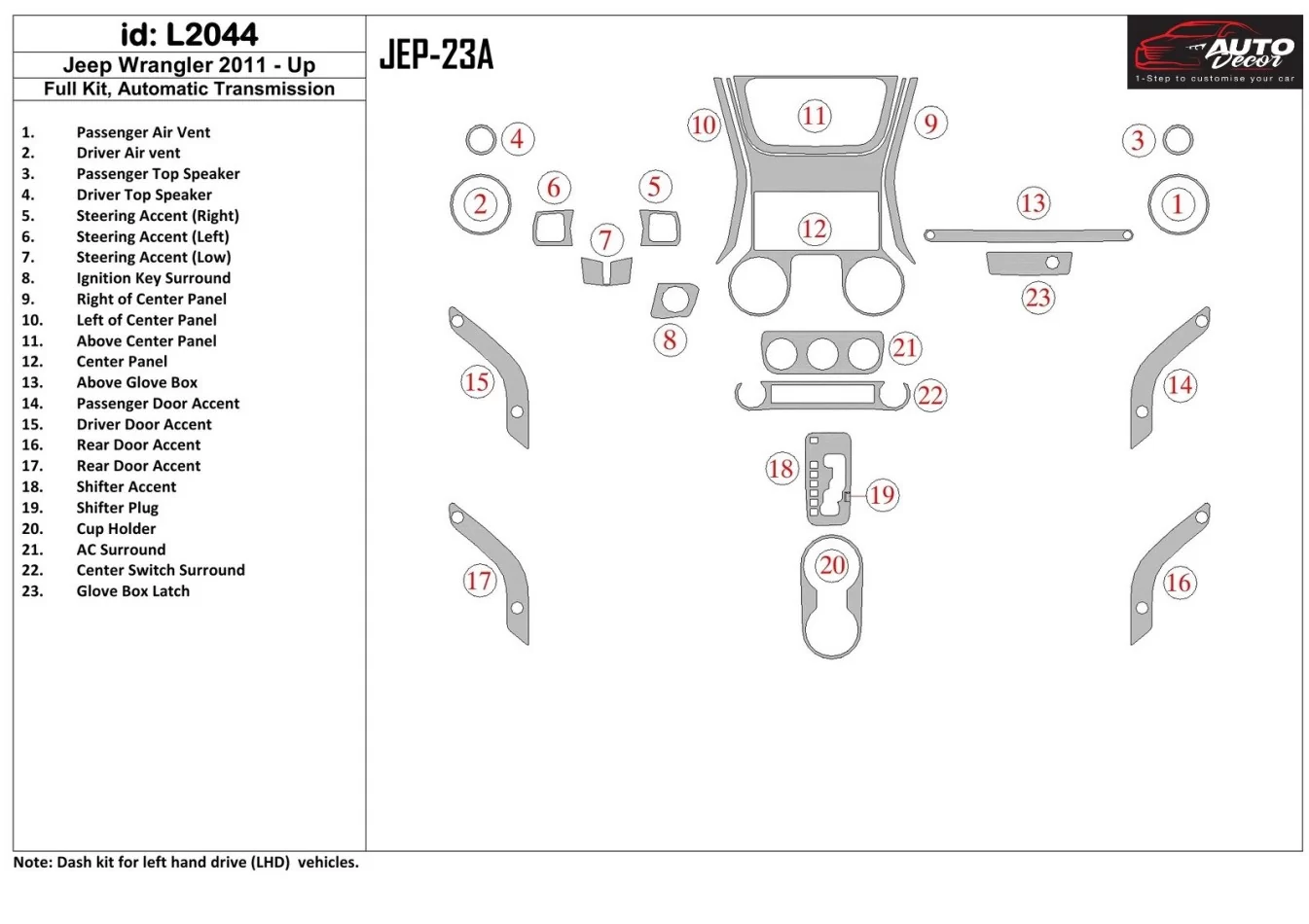 Jeep Wrangler 2011-UP Automatic Gearbox Interior BD Dash Trim Kit - 1 - Interior Dash Trim Kit