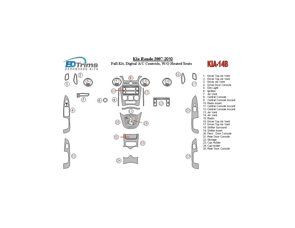 Kia Carens/Rondo 2007-UP Full Set, Automatic A/C Controls, W/O Heated Seats Interior BD Dash Trim Kit - 1 - Interior Dash Trim K