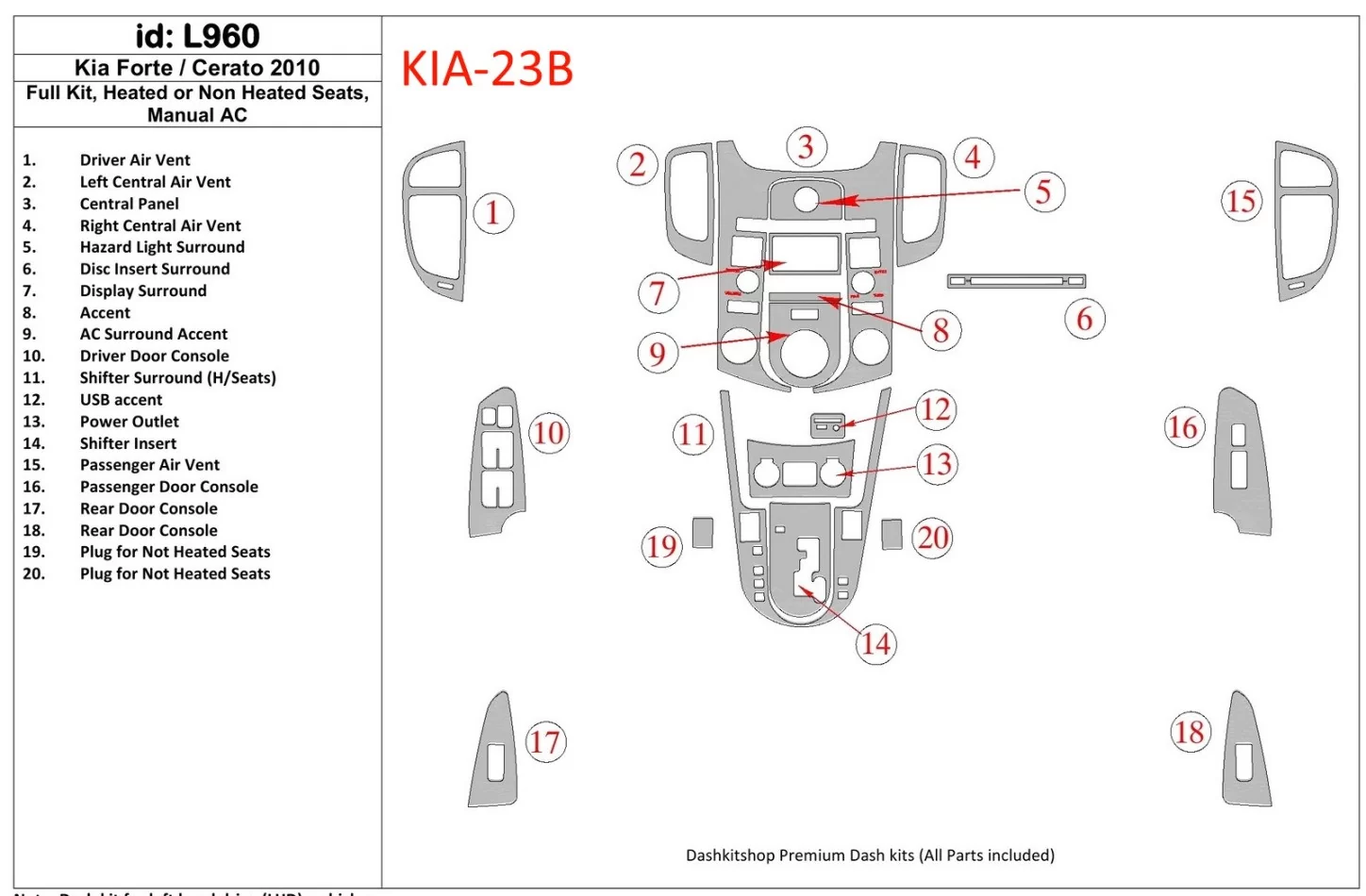 Kia Cerato 2010-2011 Full Set, With Heating and Without Seats Heating, Climate-Control Interior BD Dash Trim Kit - 1 - Interior 