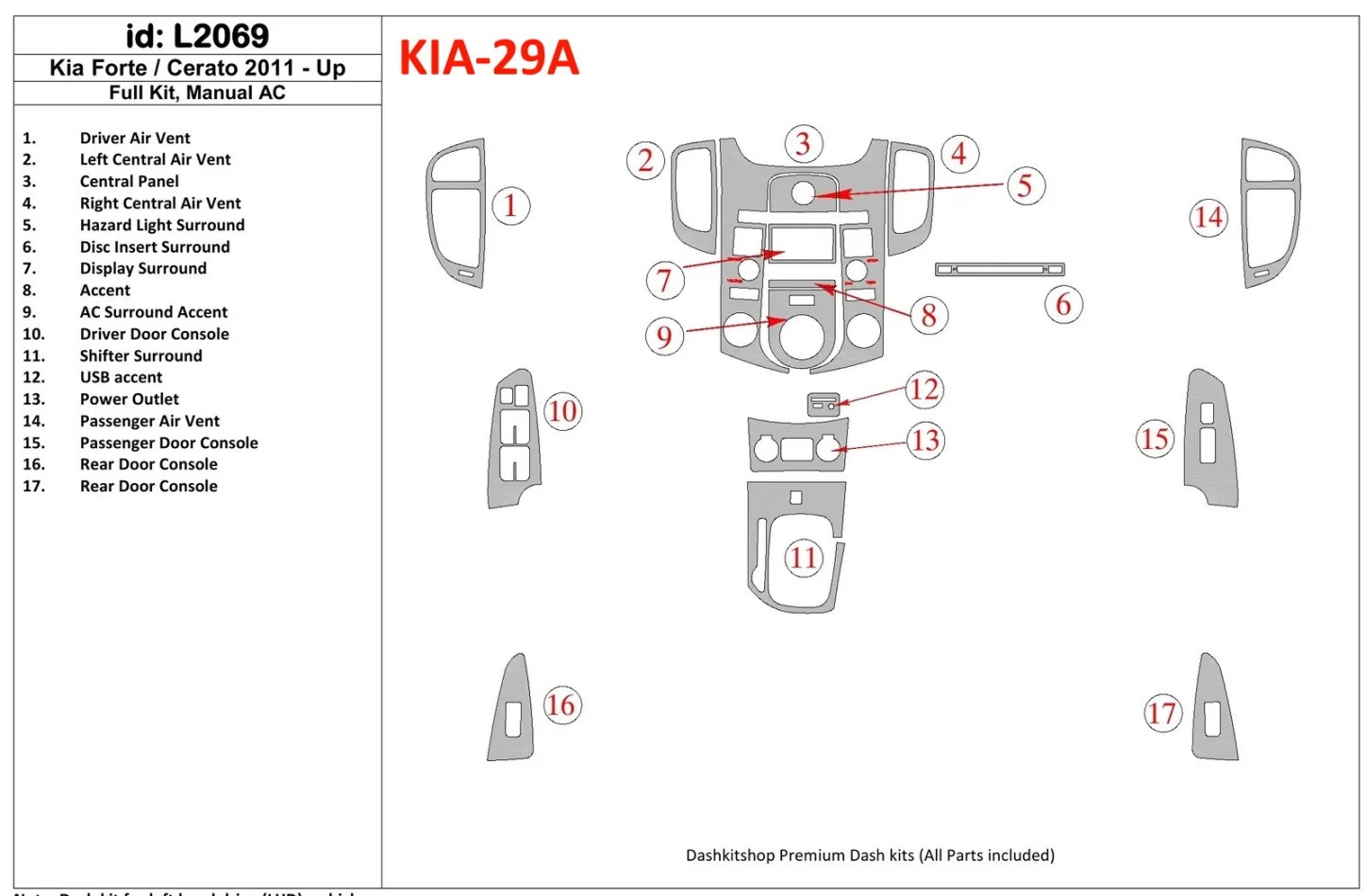 KIA Cerato 2011-UP Full Set, Aircondition Interior BD Dash Trim Kit - 1 - Interior Dash Trim Kit
