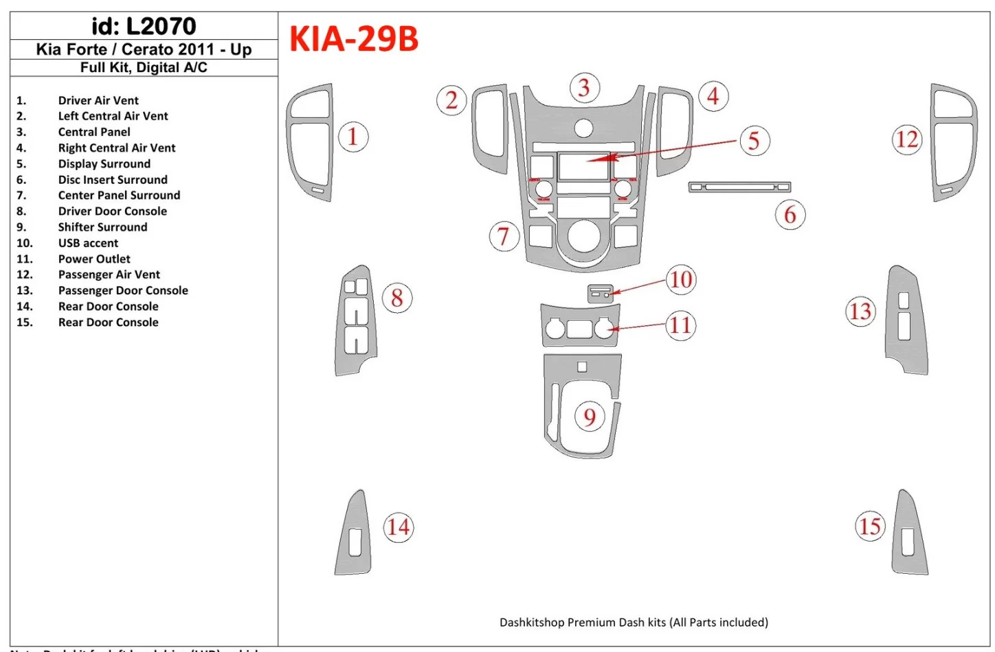 KIA Cerato 2011-UP Full Set, Climate-Control Interior BD Dash Trim Kit - 1 - Interior Dash Trim Kit