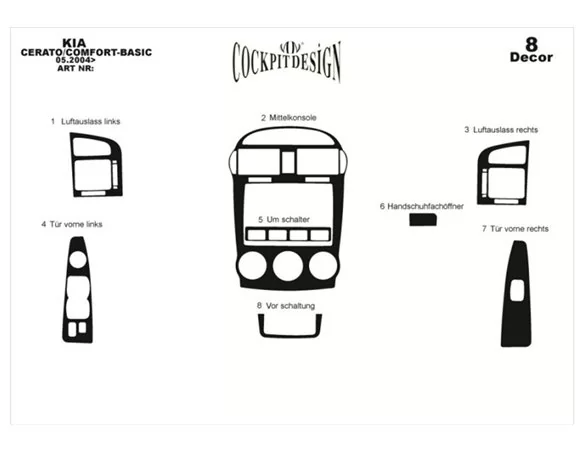 Kia Cerato LX Sedan 05.04-03.07 3D Interior Dashboard Trim Kit Dash Trim Dekor 8-Parts