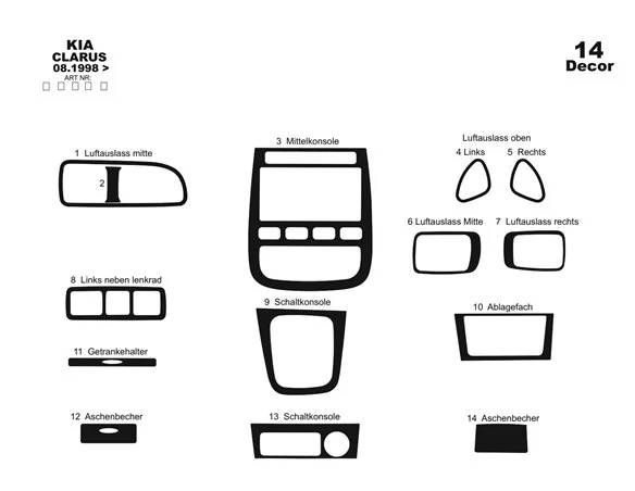 Kia Clarus 08.1998 3D Interior Dashboard Trim Kit Dash Trim Dekor 14-Parts