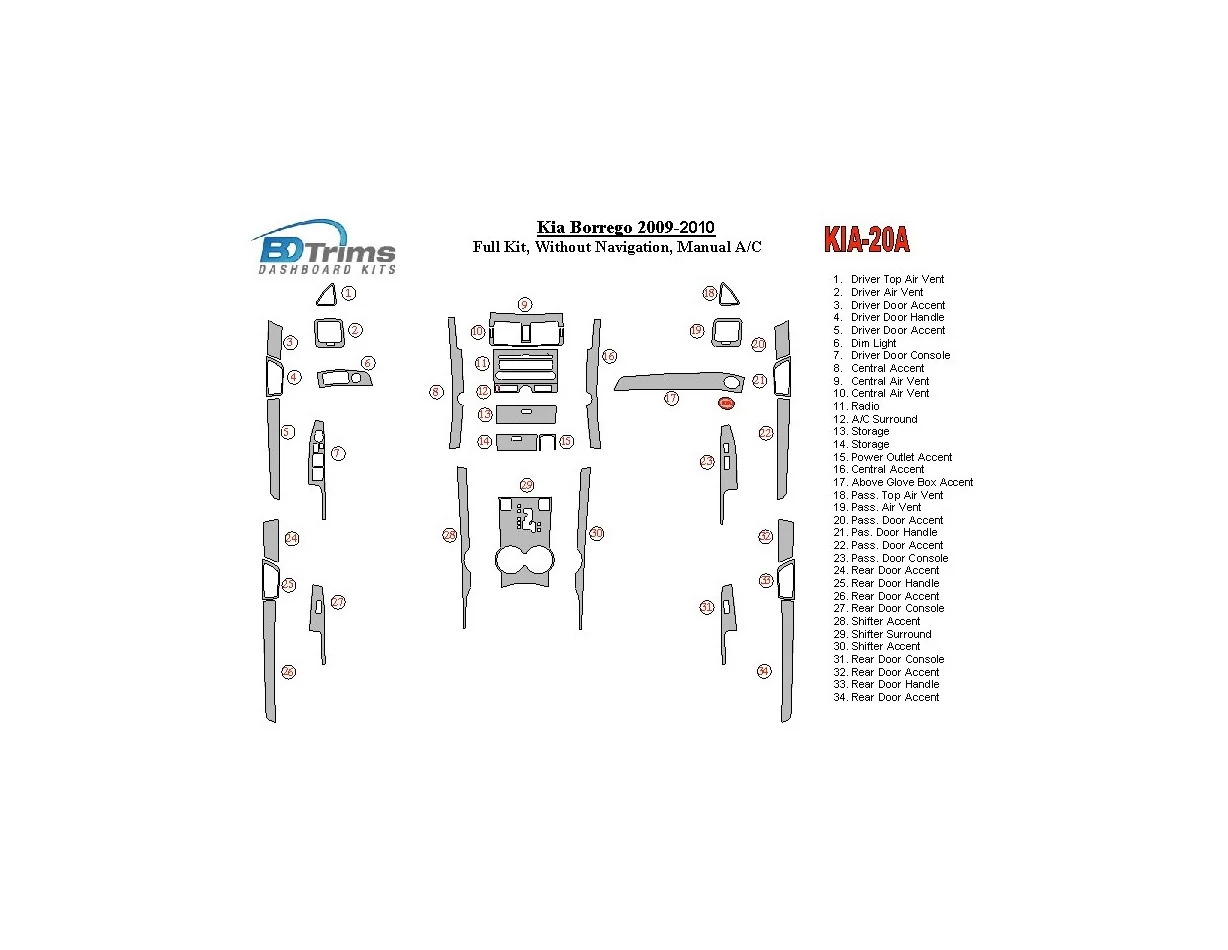 KIA Mohave 2008-UP Full Set, Without NAVI Interior BD Dash Trim Kit - 1 - Interior Dash Trim Kit