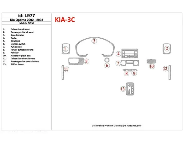 Kia Optima 2002-2003 OEM Compliance Interior BD Dash Trim Kit - 1 - Interior Dash Trim Kit
