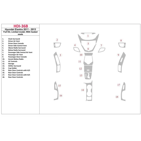 Hyundai Elantra 2011-UP Full Set, GLS Model,with Heated Seats Interior BD Dash Trim Kit