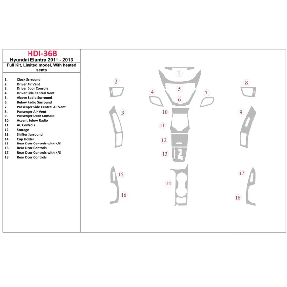 Hyundai Elantra 2011-UP Full Set, GLS Model,with Heated Seats Interior BD Dash Trim Kit