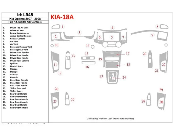 KIA Optima 2007-2008 Full Set, Automatic AC Control Interior BD Dash Trim Kit - 1 - Interior Dash Trim Kit