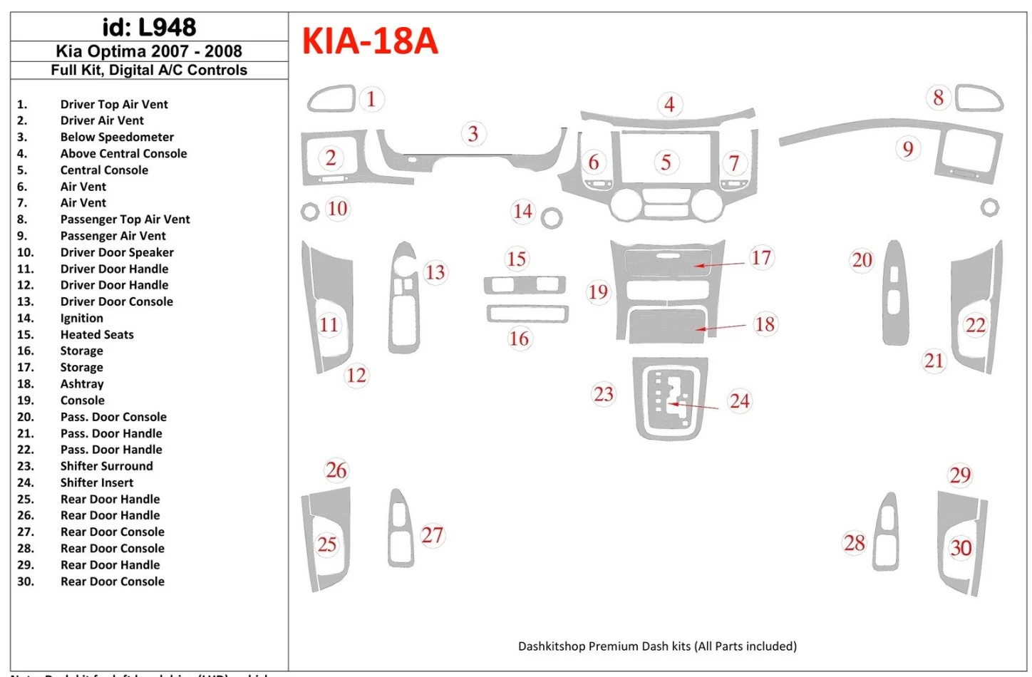 KIA Optima 2007-2008 Full Set, Automatic AC Control Interior BD Dash Trim Kit - 1 - Interior Dash Trim Kit