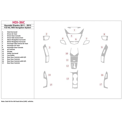 Hyundai Elantra 2011-UP Full Set, With NAVI system Interior BD Dash Trim Kit