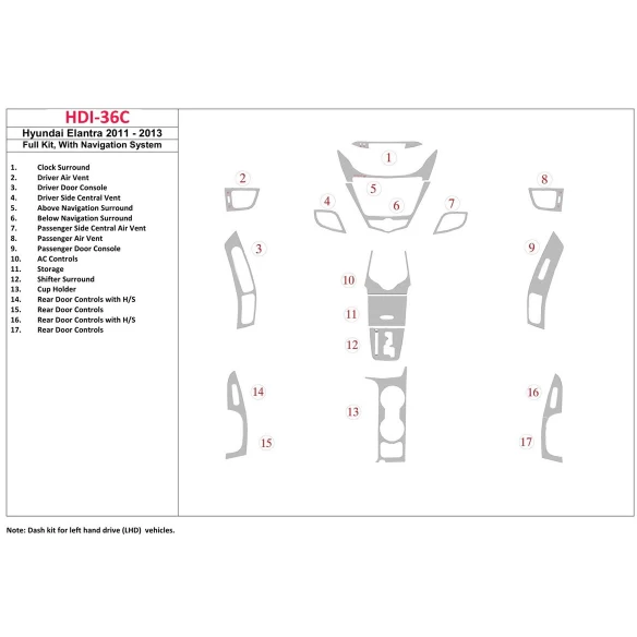 Hyundai Elantra 2011-UP Full Set, With NAVI system Interior BD Dash Trim Kit