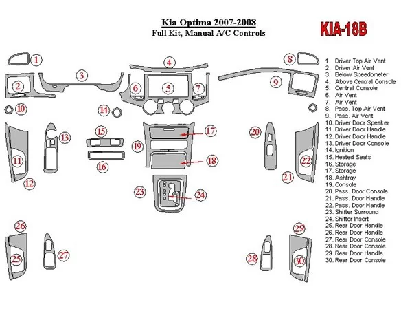 KIA Optima 2007-2008 Full Set, Manual Gearbox A/C Controls Interior BD Dash Trim Kit