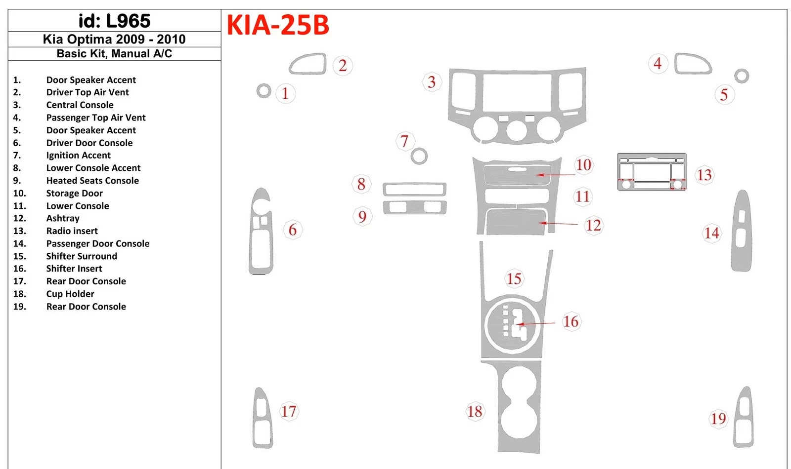 KIA Optima 2009-2010 Basic Set, Manual Gearbox AC Interior BD Dash Trim Kit - 1 - Interior Dash Trim Kit