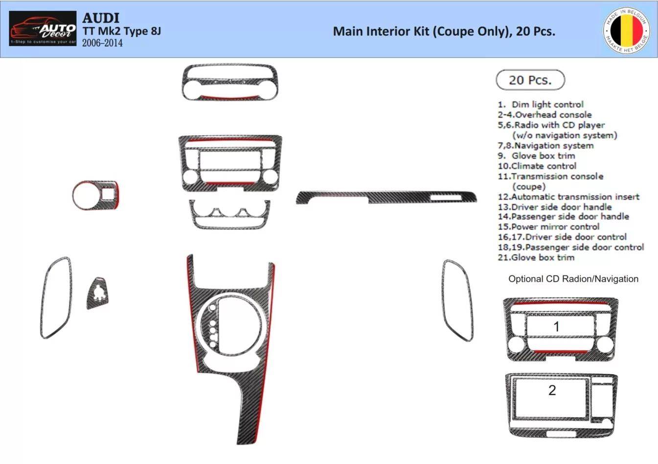 Audi TT 2008-2014-Coupe 3D Interior Dashboard Trim Kit Dash Trim Dekor 20-Parts - 1 - Interior Dash Trim Kit