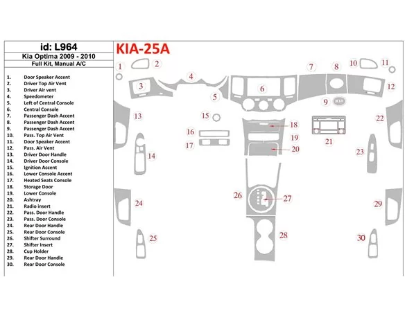 KIA Optima 2009-2010 Full Set, Manual Gearbox AC Interior BD Dash Trim Kit - 1 - Interior Dash Trim Kit