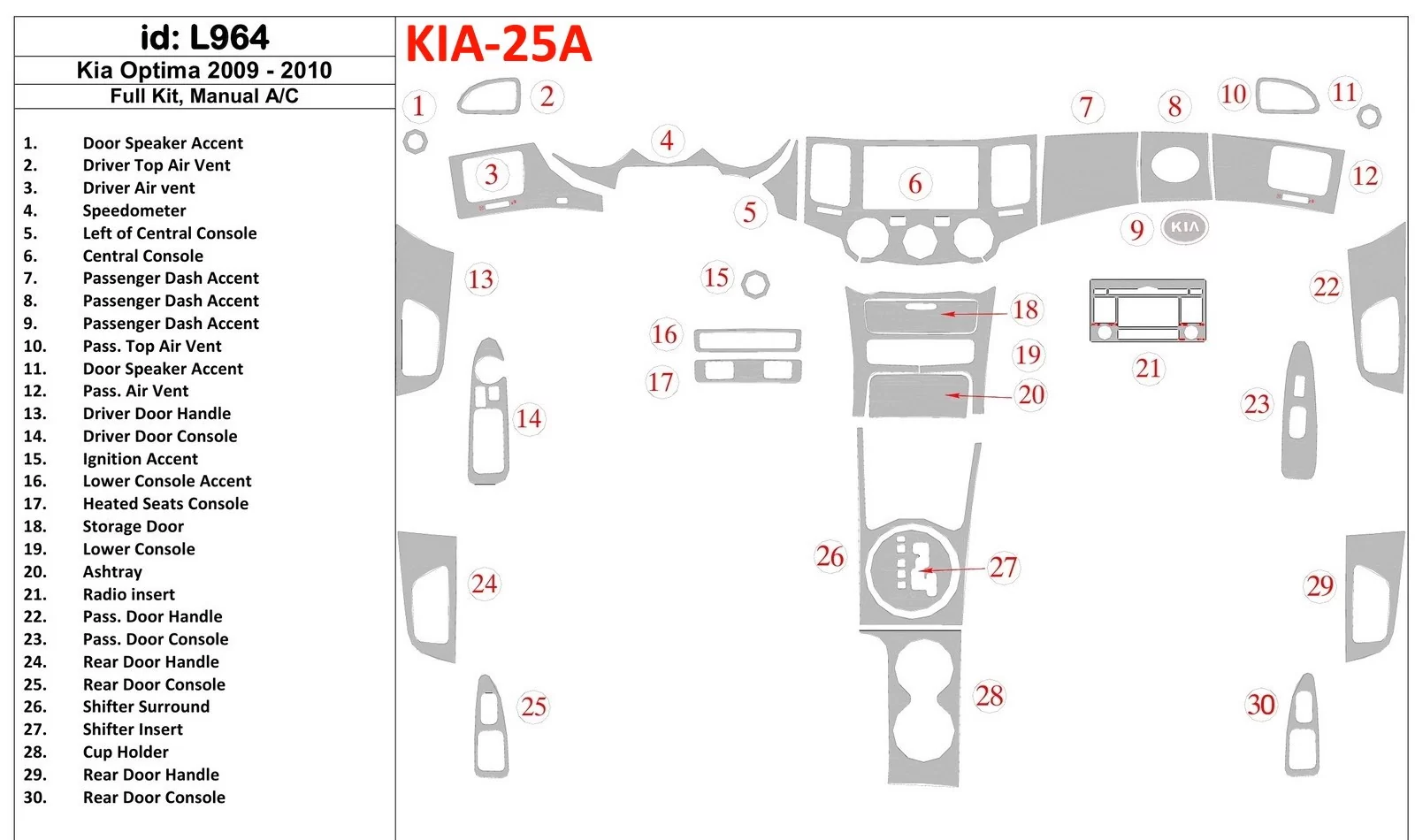 KIA Optima 2009-2010 Full Set, Manual Gearbox AC Interior BD Dash Trim Kit - 1 - Interior Dash Trim Kit