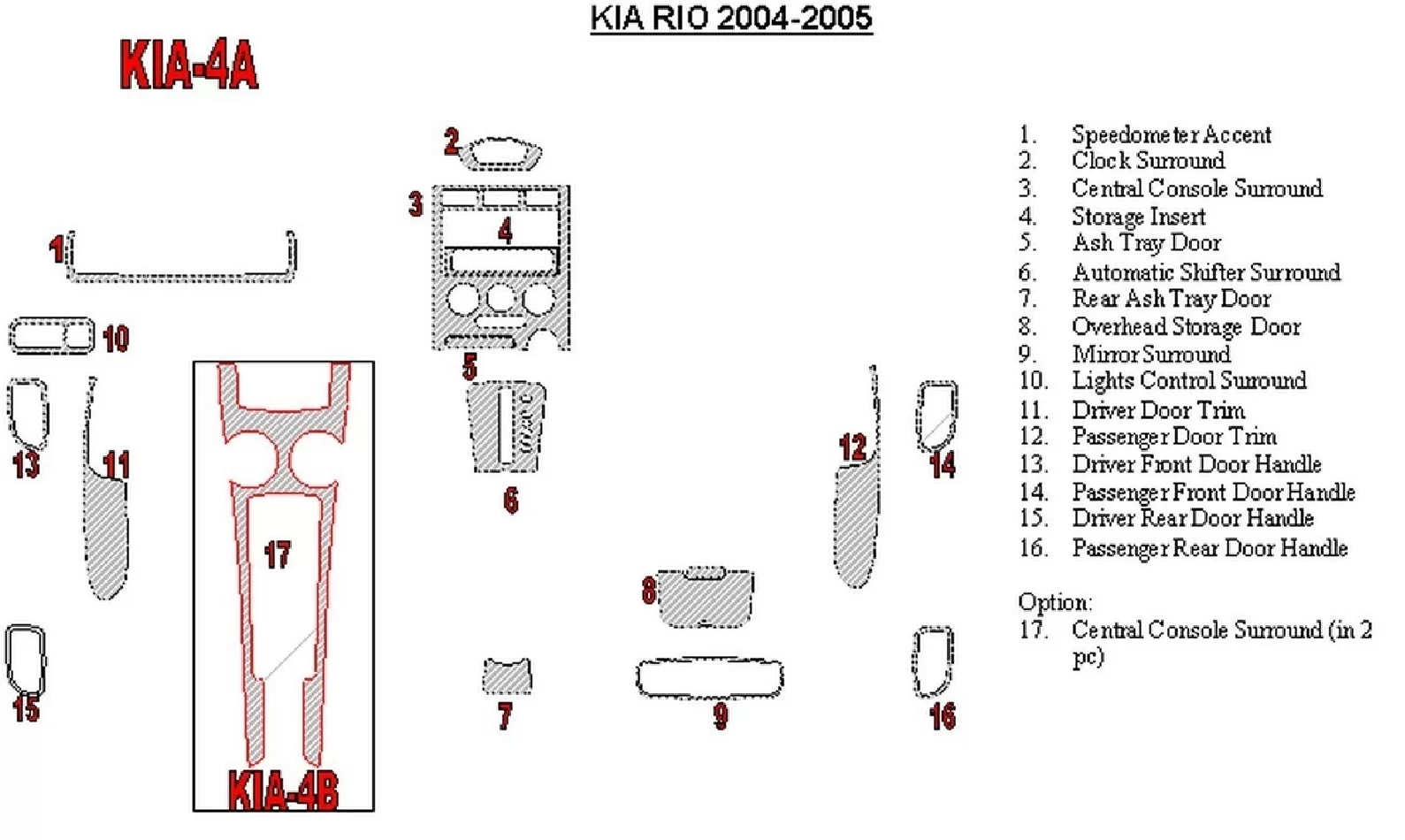 Kia Rio 2004-2005 Full Set Interior BD Dash Trim Kit - 1 - Interior Dash Trim Kit