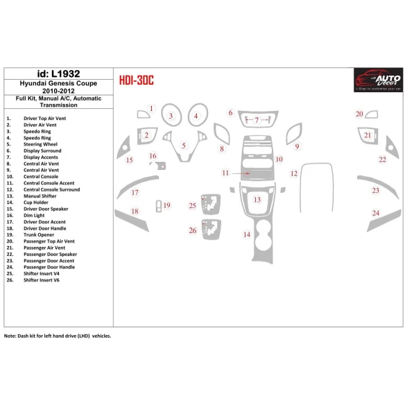 Hyundai Genesis Coupe 2010-2012 Full Set, Automatic Gearbox , Automatic AC Interior BD Dash Trim Kit
