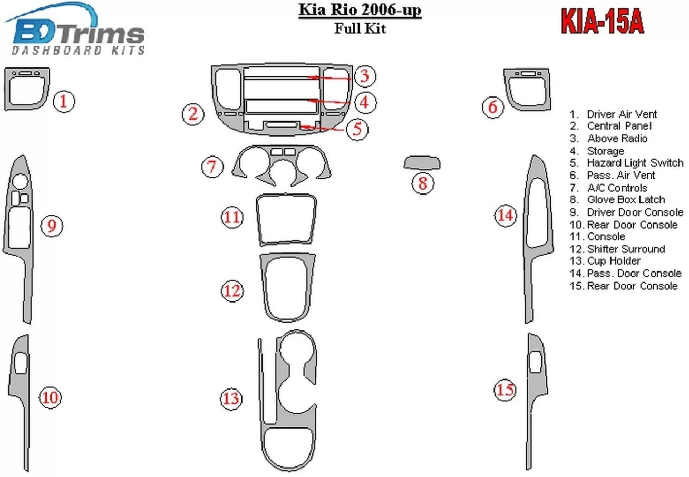 Kia Rio 2006-UP Full Set Interior BD Dash Trim Kit - 1 - Interior Dash Trim Kit