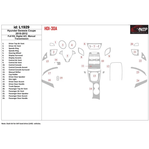 Hyundai Genesis Coupe 2010-2012 Full Set, Manual Gearbox , Automatic AC Interior BD Dash Trim Kit
