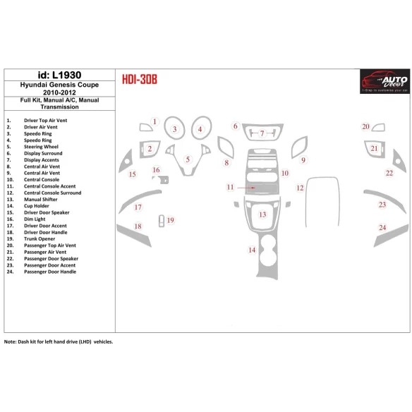 Hyundai Genesis Coupe 2010-2012 Full Set, Manual Gearbox , Manual Gearbox AC Interior BD Dash Trim Kit