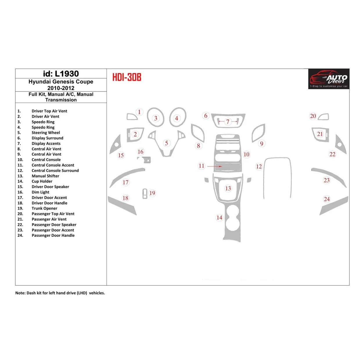 Hyundai Genesis Coupe 2010-2012 Full Set, Manual Gearbox , Manual Gearbox AC Interior BD Dash Trim Kit