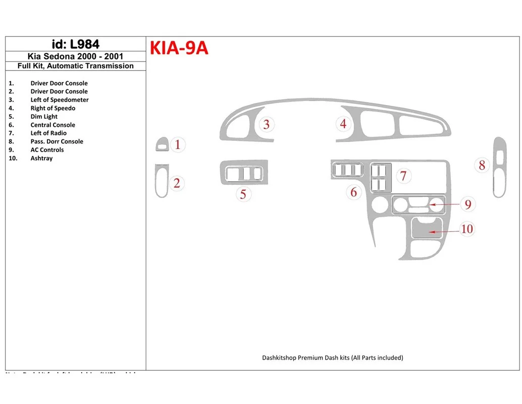 Kia Sedona 2000-2001 Full Set, Automatic Gear Interior BD Dash Trim Kit - 1 - Interior Dash Trim Kit