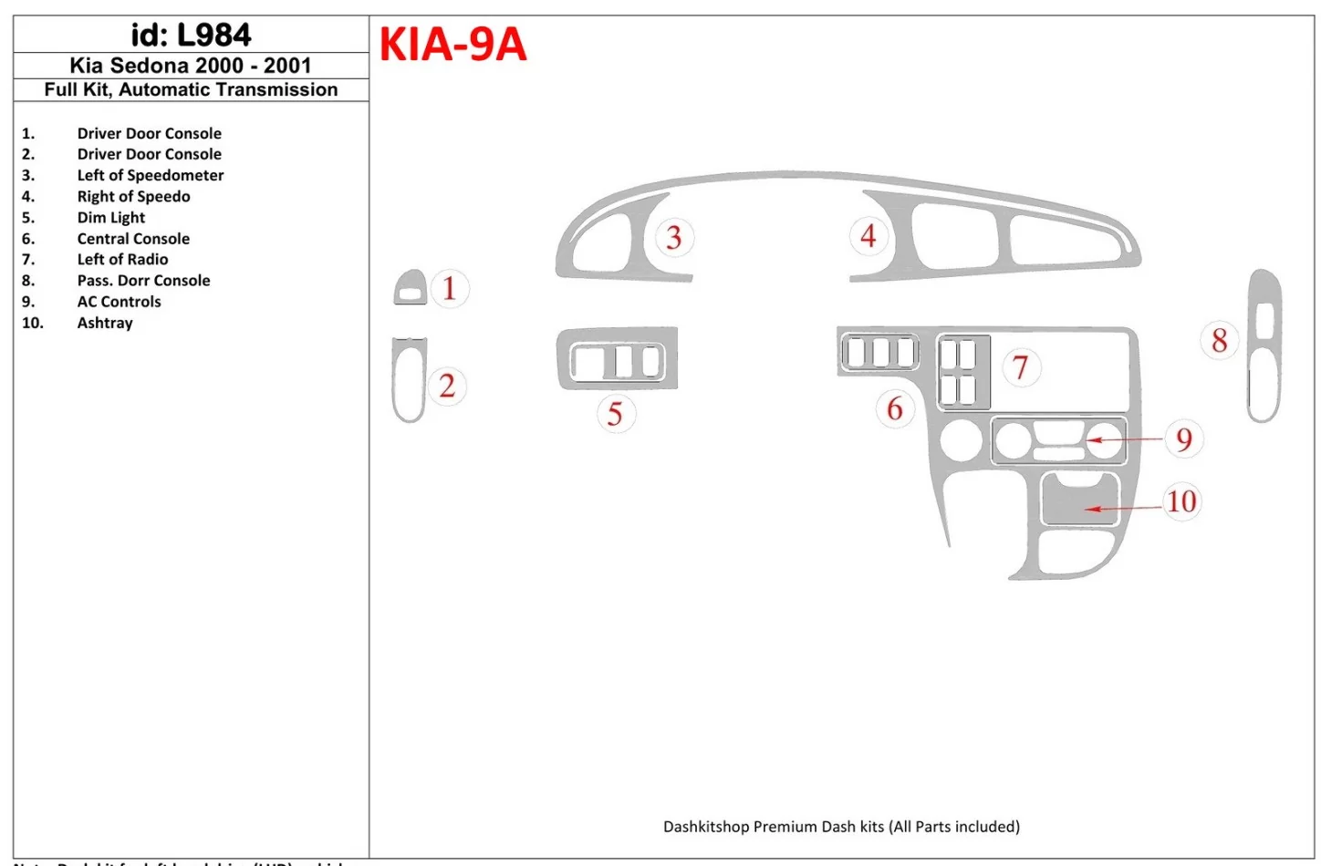 Kia Sedona 2000-2001 Full Set, Automatic Gear Interior BD Dash Trim Kit - 1 - Interior Dash Trim Kit