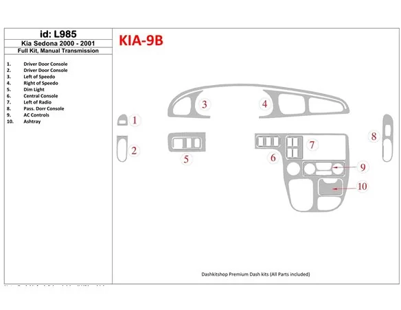 Kia Sedona 2000-2001 Full Set, Manual Gear Box Interior BD Dash Trim Kit - 1 - Interior Dash Trim Kit