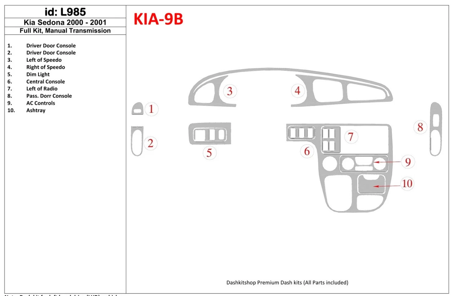 Kia Sedona 2000-2001 Full Set, Manual Gear Box Interior BD Dash Trim Kit - 1 - Interior Dash Trim Kit