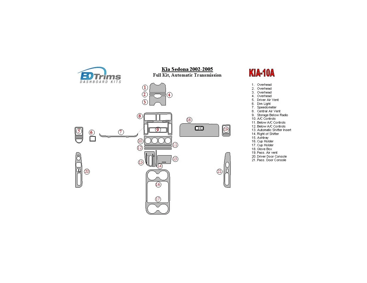 Kia Sedona 2002-2005 Full Set, Automatic Gear Interior BD Dash Trim Kit - 1 - Interior Dash Trim Kit