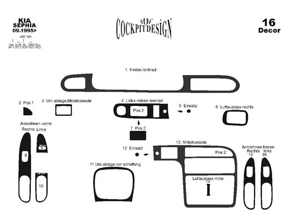 Kia Sephia 06.1995 3D Interior Dashboard Trim Kit Dash Trim Dekor 16-Parts