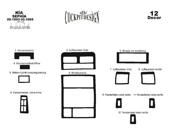 Kia Sephia 09.93-05.95 3D Interior Dashboard Trim Kit Dash Trim Dekor 12-Parts