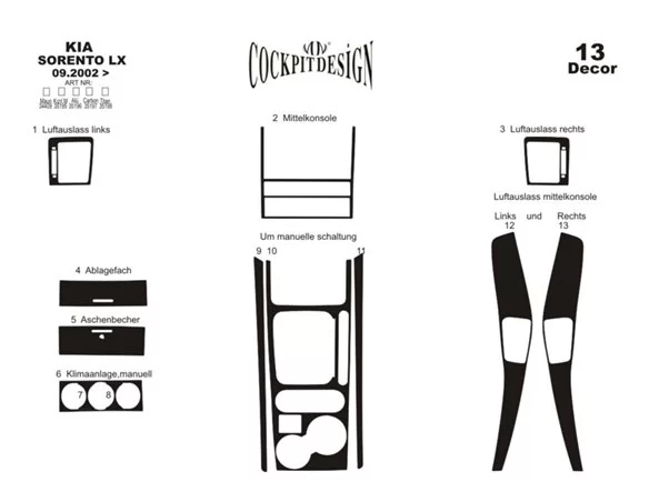 Kia Sorento 09.02-06.07 3D Interior Dashboard Trim Kit Dash Trim Dekor 13-Parts