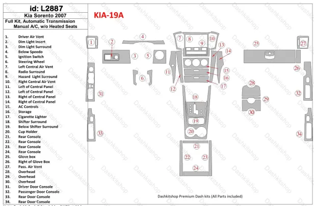 KIA Sorento 2008-2010 Ful Kit, Automatic Gear, Without Heated Seats Interior BD Dash Trim Kit - 1 - Interior Dash Trim Kit