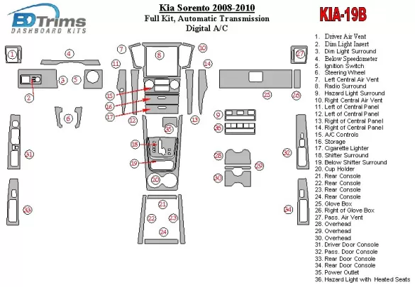 KIA Sorento 2008-2010 Ful Kit, Automatic Gear,with Heated Seats Interior BD Dash Trim Kit - 1 - Interior Dash Trim Kit KIA Sorento 2008-2010 Ful Kit, Automatic Gear,with Heated Seats Interior BD Dash Trim Kit - 1 - Interior Dash Trim Kit