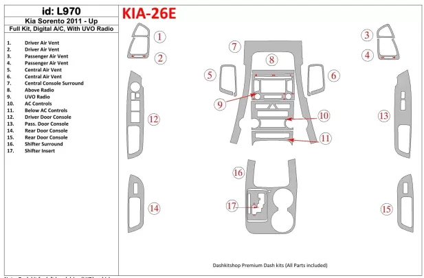 KIA Sorento 2011-UP Full Set, Climate-Control, With UVO Radio Interior BD Dash Trim Kit - 1 - Interior Dash Trim Kit