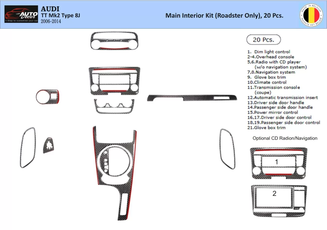 Audi TT 2008-2014-Roadster 3D Interior Dashboard Trim Kit Dash Trim Dekor 20-Parts - 1 - Interior Dash Trim Kit