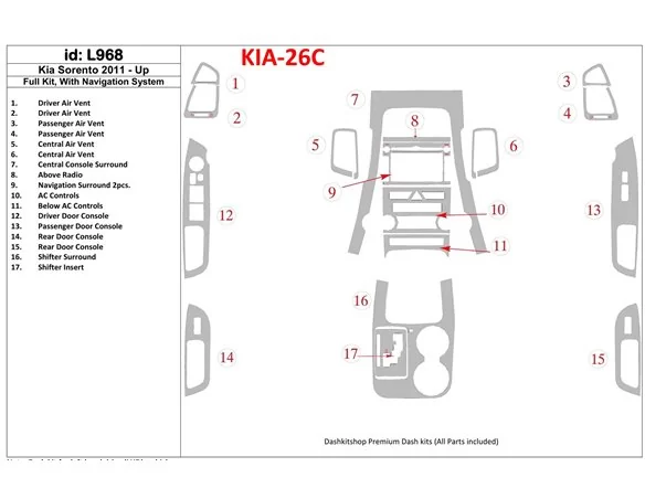 KIA Sorento 2011-UP Full Set, With NAVI system Interior BD Dash Trim Kit - 1 - Interior Dash Trim Kit