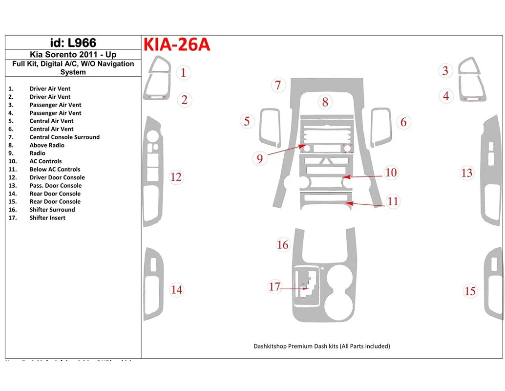 KIA Sorento 2011-UP Full Set, Without NAVI system Interior BD Dash Trim Kit - 1 - Interior Dash Trim Kit