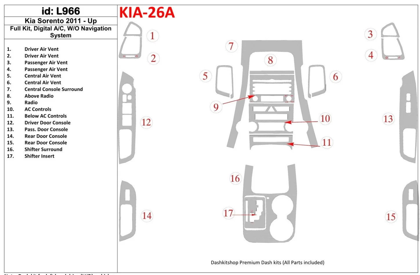 KIA Sorento 2011-UP Full Set, Without NAVI system Interior BD Dash Trim Kit - 1 - Interior Dash Trim Kit